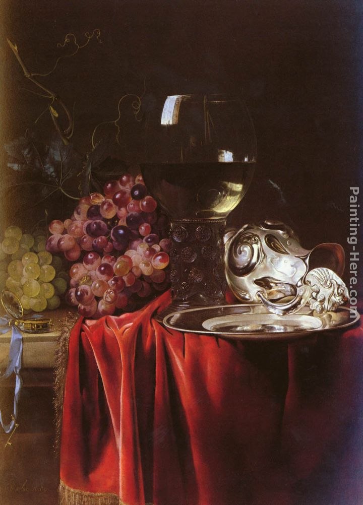 Willem van Aelst A Still Life of Grapes, a Roemer, a Silver Ewer and a Plate
